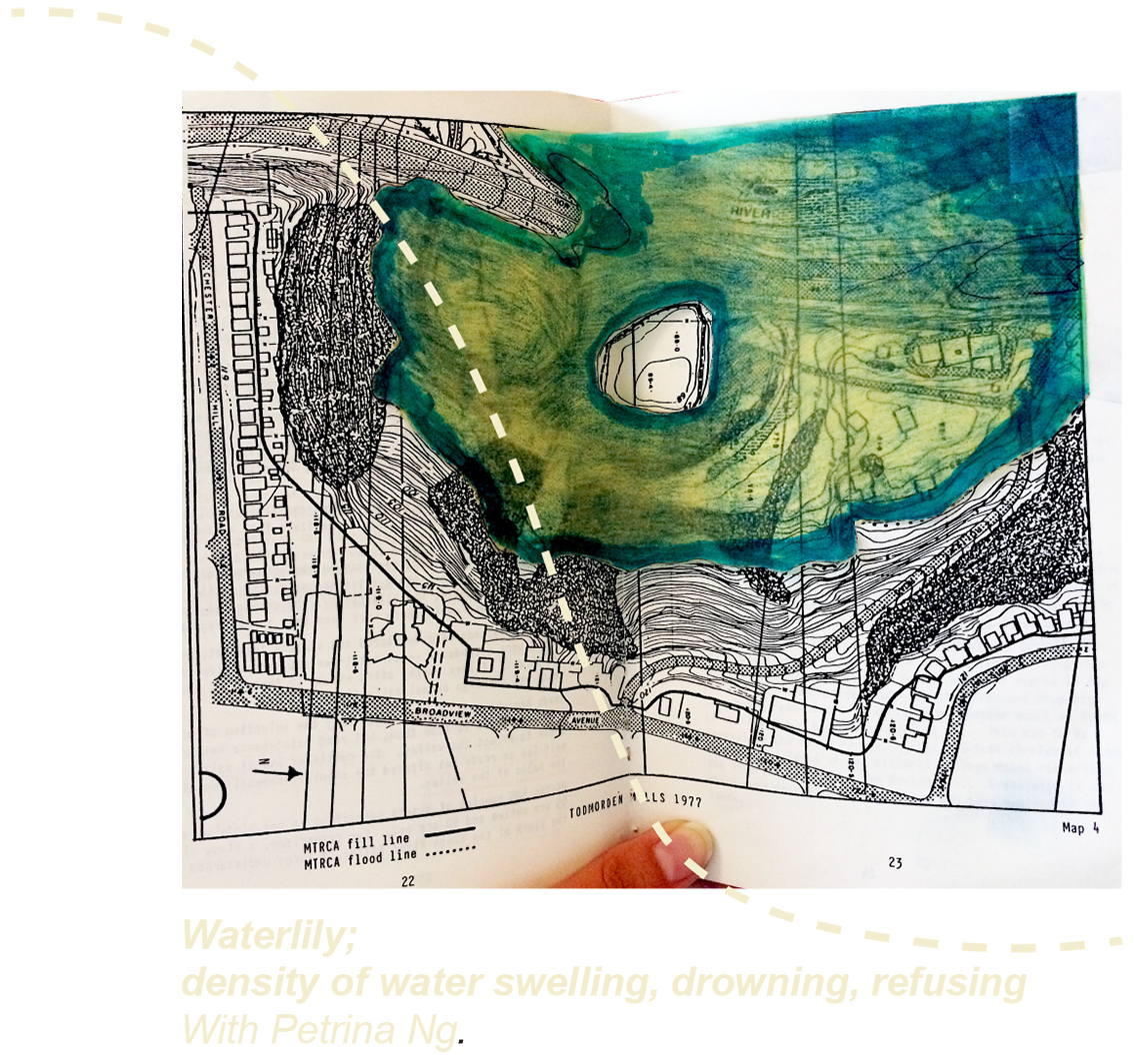 A topographic map of todmorden mills heritage site in 1977 is overlaid in yellow trace paper colored in blue marker representing the water level and flooding in 1983 which would have drowned the majority of settlement with exception of a small mound in the middle. There is a light yellow curved and dotted line moving across the image starting from top left corner and outside of the frame and overlapping the image. The text reads, “Waterlily; density of water swelling, drowning, refusing.”